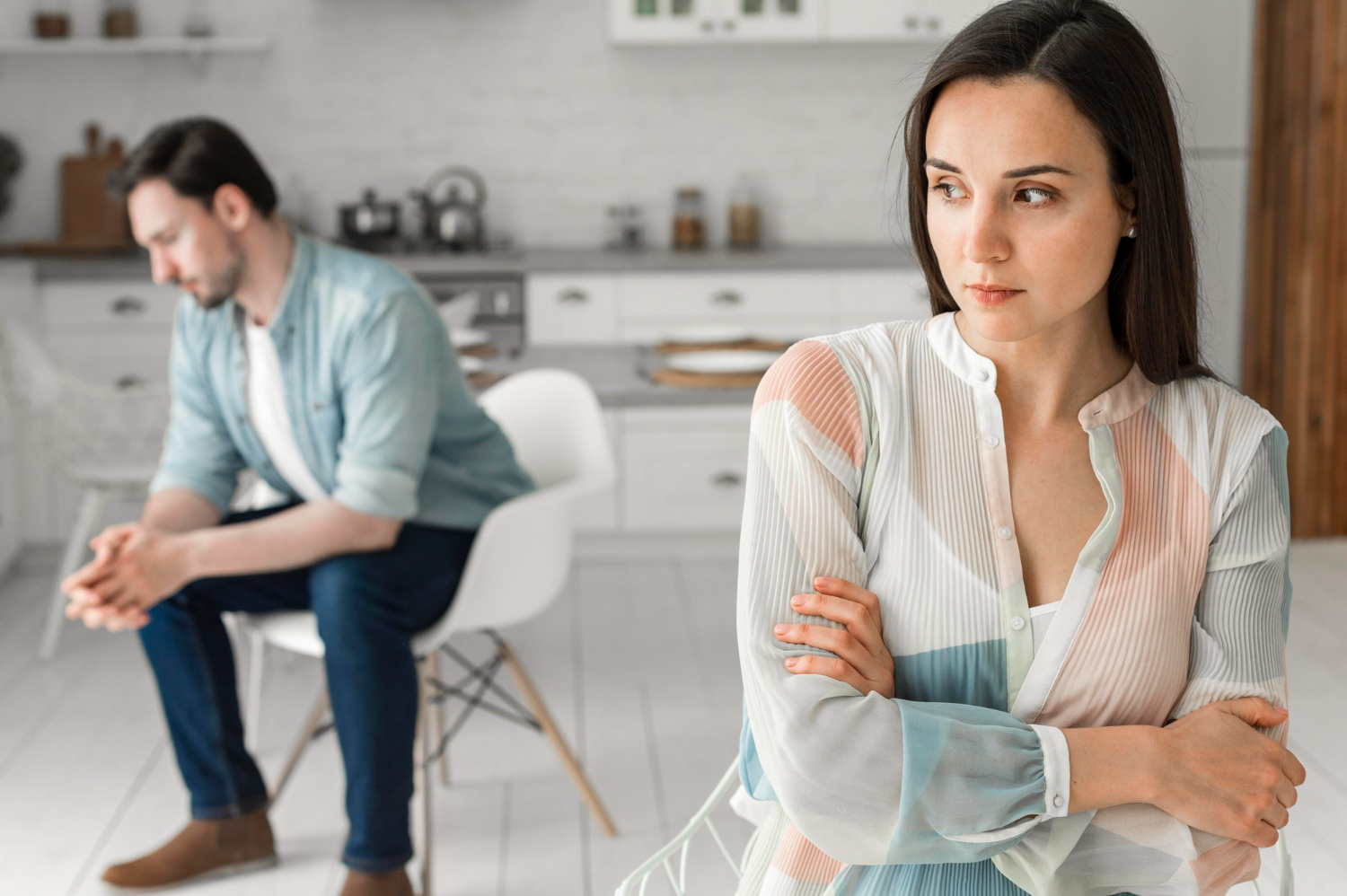 Adult woman and male thinking of next step
