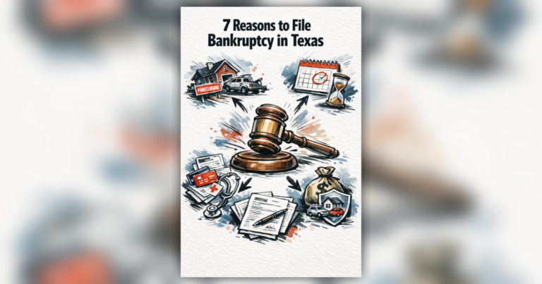 Illustration with a gavel, foreclosure house, medical bills, debt notices, and a bag of money, titled "7 Reasons to File Bankruptcy in Texas.