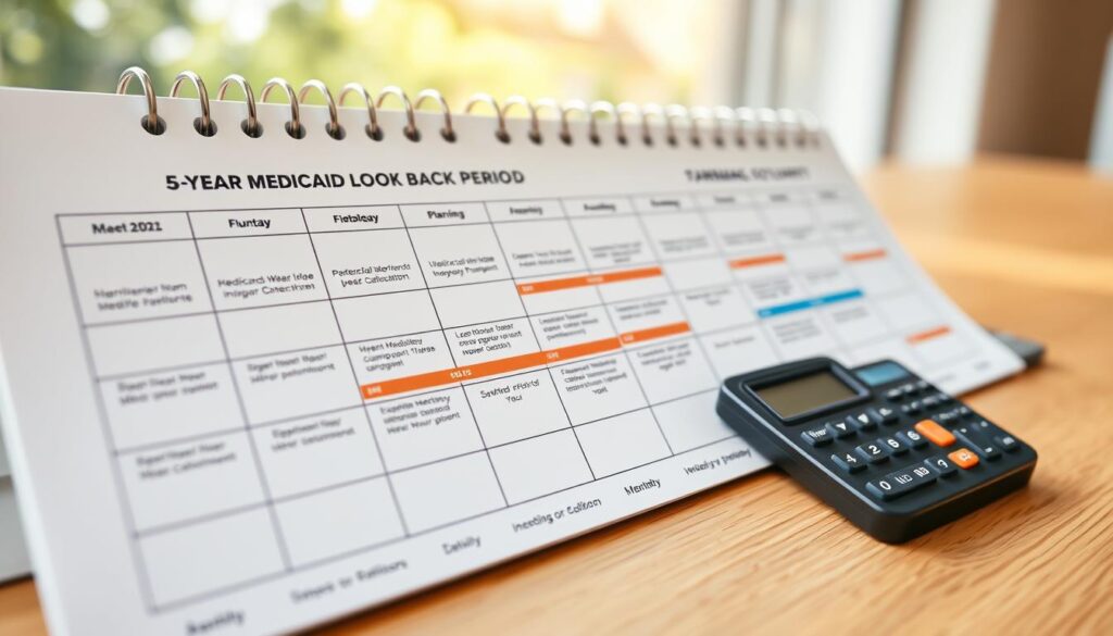 Calendar showing 5-year Medicaid lookback period to avoid medicaid estate recovery in texas