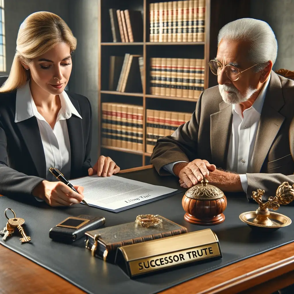 An attorney and client reviewing a Living Trust document in a Texas law office, with a notary seal and 'Successor Trustee' nameplate on the desk, and legal books with Texas outline in the background.