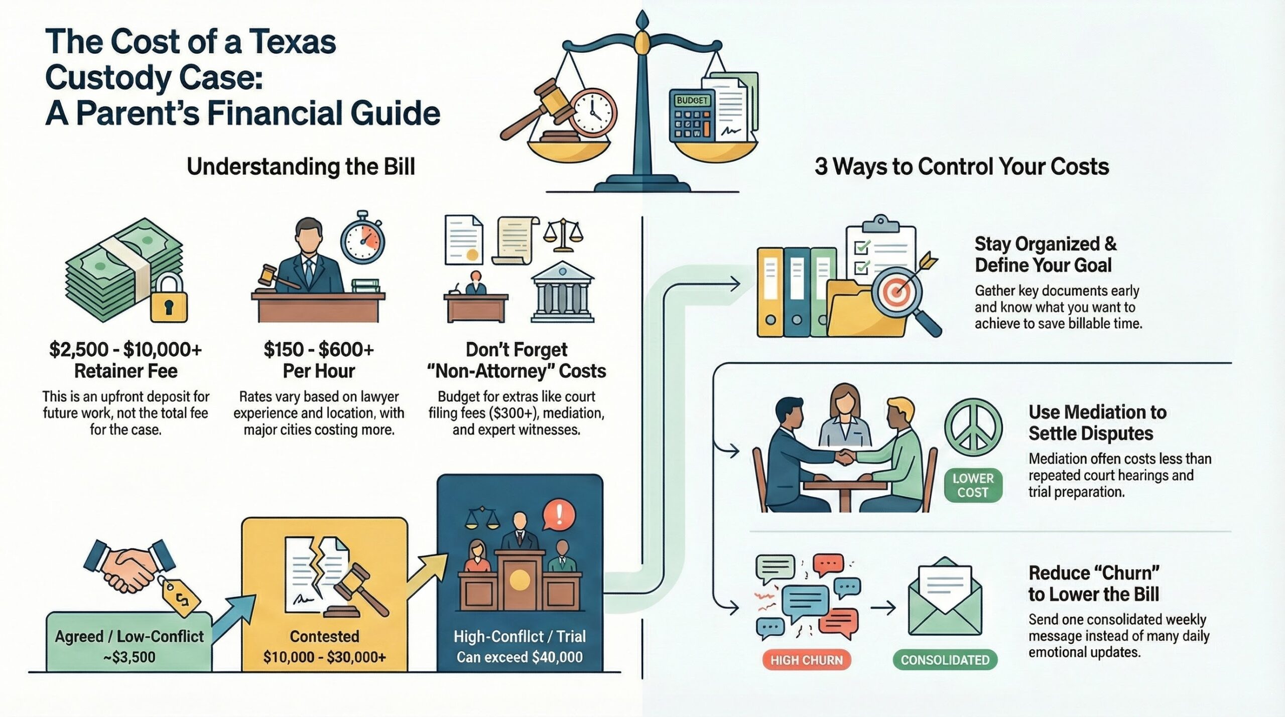 Custody lawyer cost Texas: $2,500-$10,000+ retainer, $150-$600+/hr, cases ~$3,500 to $40,000+.
