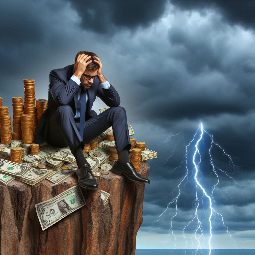 a man sitting on a pile of debt stressed