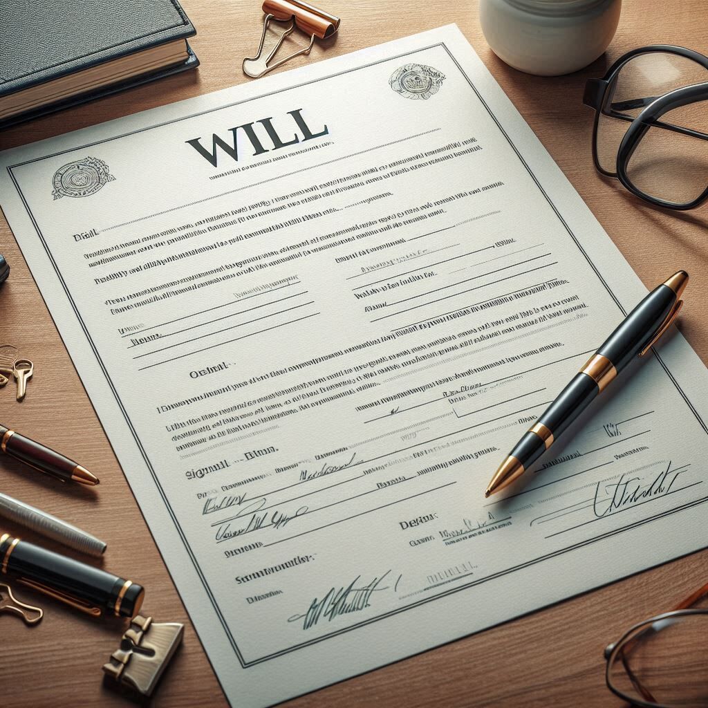 A completed and signed last will and testament form sits on a desk surrounded by pens, glasses, a cup of coffee, and office supplies—prompting the question: what happens if you die without a will in Texas?.