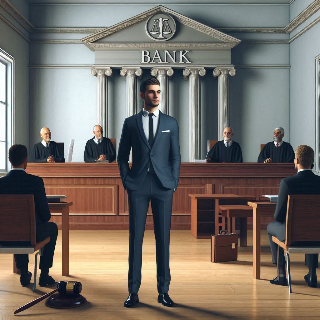 A man in a suit stands in a courtroom with a "Bank" sign above the judge's bench, surrounded by judges and others, appearing as if he’s being sued by Bank of America credit card.