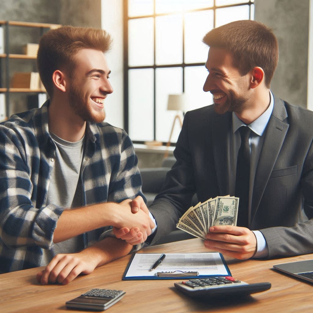 Two men sitting at a desk shake hands while one holds cash; paperwork, calculators, and pens are on the table in a modern office setting, possibly discussing a settlement after being sued by Bank of America credit card services.