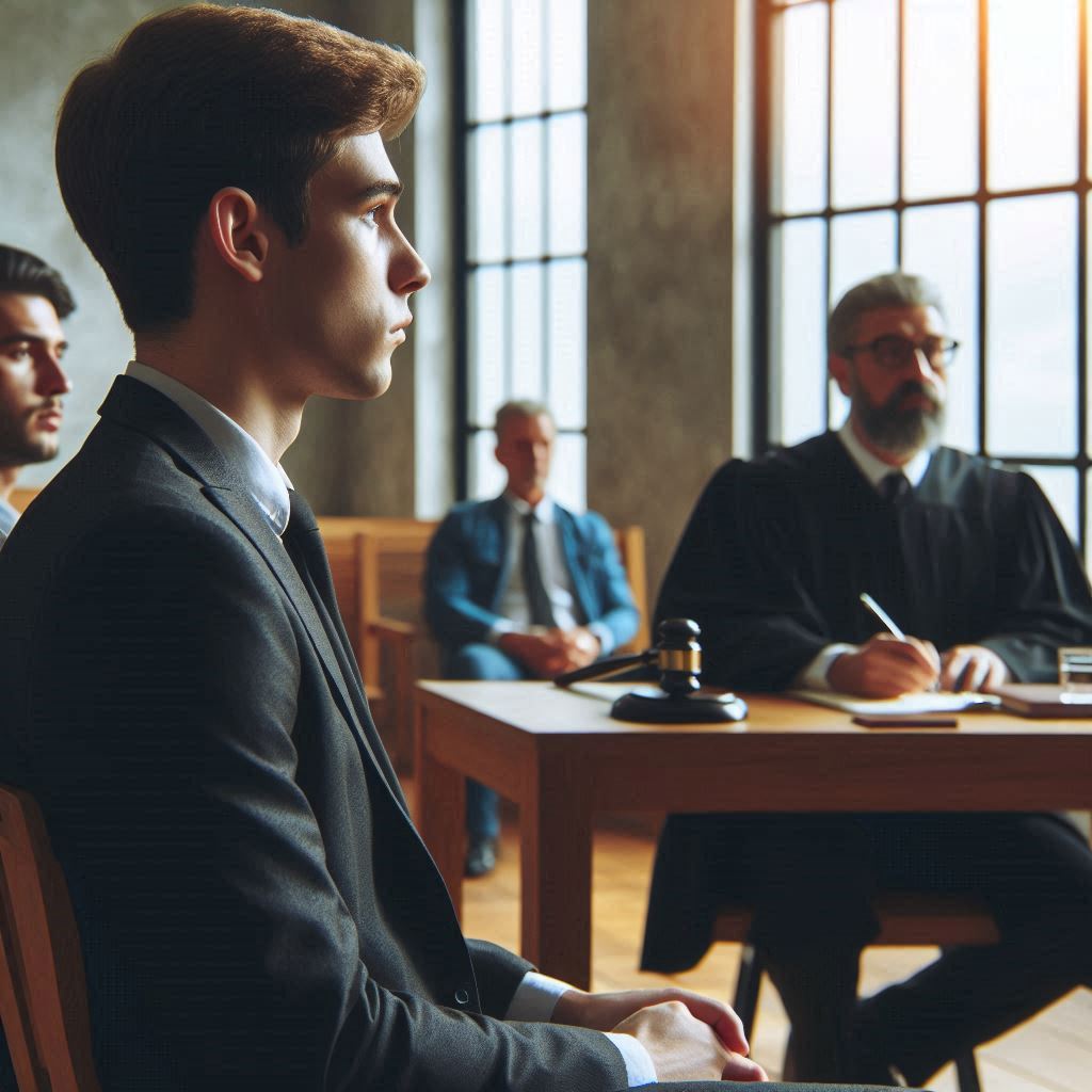 a young man in court over a debt collection lawsuit