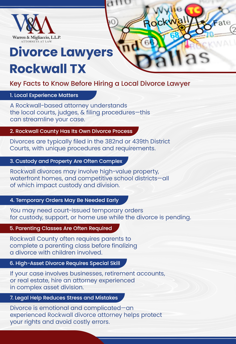 Infographic about hiring divorce lawyers Rockwall TX. Covers court processes, local custody and property considerations, parenting class rules, high-asset issues, and why experienced legal help is essential.