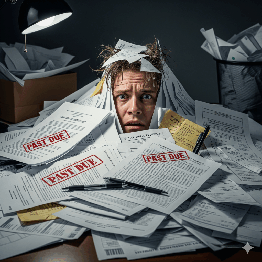 A person looks overwhelmed, buried under a large pile of paperwork with "PAST DUE" stamps, pens, and scattered documents, suggesting financial or deadline stress.