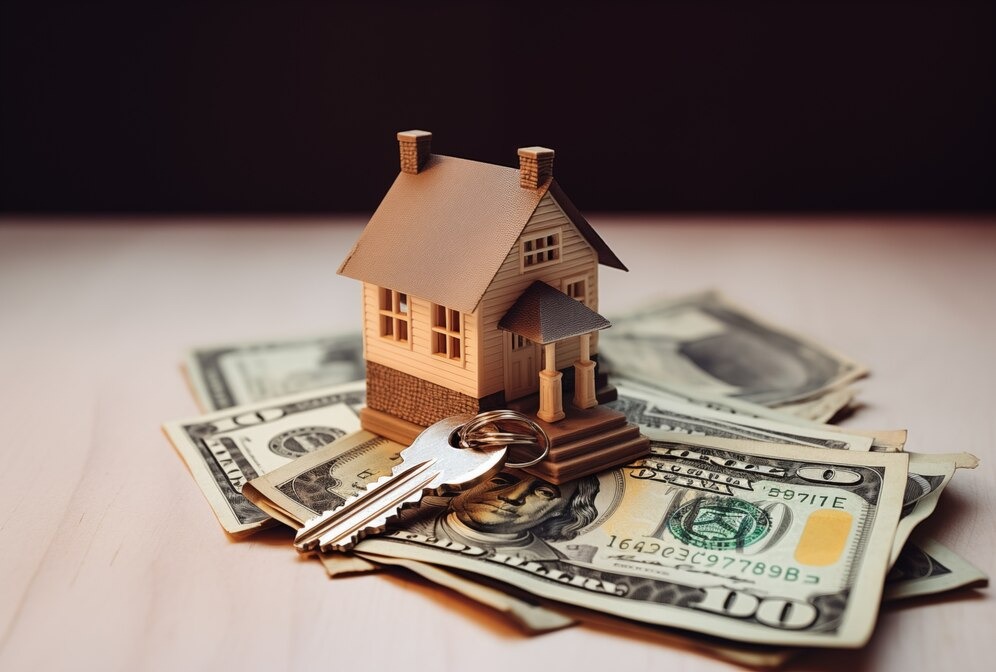 Miniature house and keys sitting on top of a pile of money
