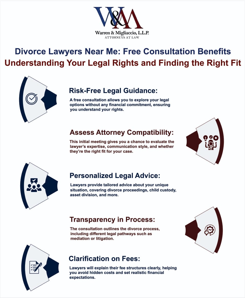 Infographic outlining the benefits of free consultations with divorce lawyers, emphasizing risk-free legal guidance, assessing compatibility, personalized advice on divorce matters, transparency in the legal process, and clarity on fees. The image shows a handshake between a lawyer and a client with legal documents in the background, symbolizing trust and collaboration.