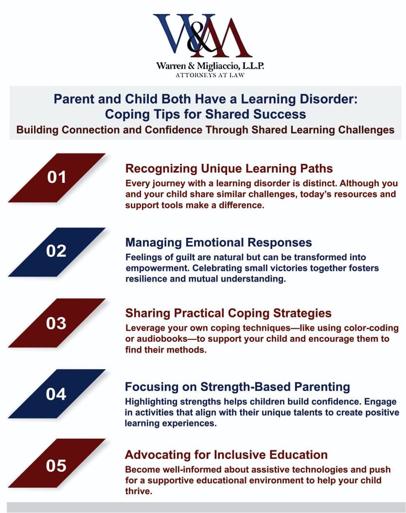 Infographic on coping tips when parent and child both have a learning disorder, focusing on emotional resilience, shared coping strategies, strengths-based support, and educational advocacy.
