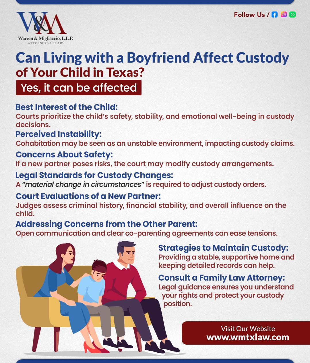 Infographic titled can living with a boyfriend affect custody explaining how living with a boyfriend can impact custody in Texas. Covers key factors courts consider, legal standards, safety concerns, custody modifications, and strategies for maintaining custody.

