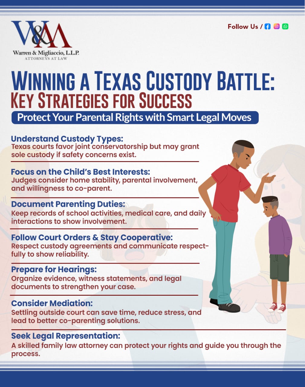 A Texas custody battle infographic outlining key strategies for parents, including understanding custody types, court considerations, parenting documentation, legal preparation, and mediation benefits.