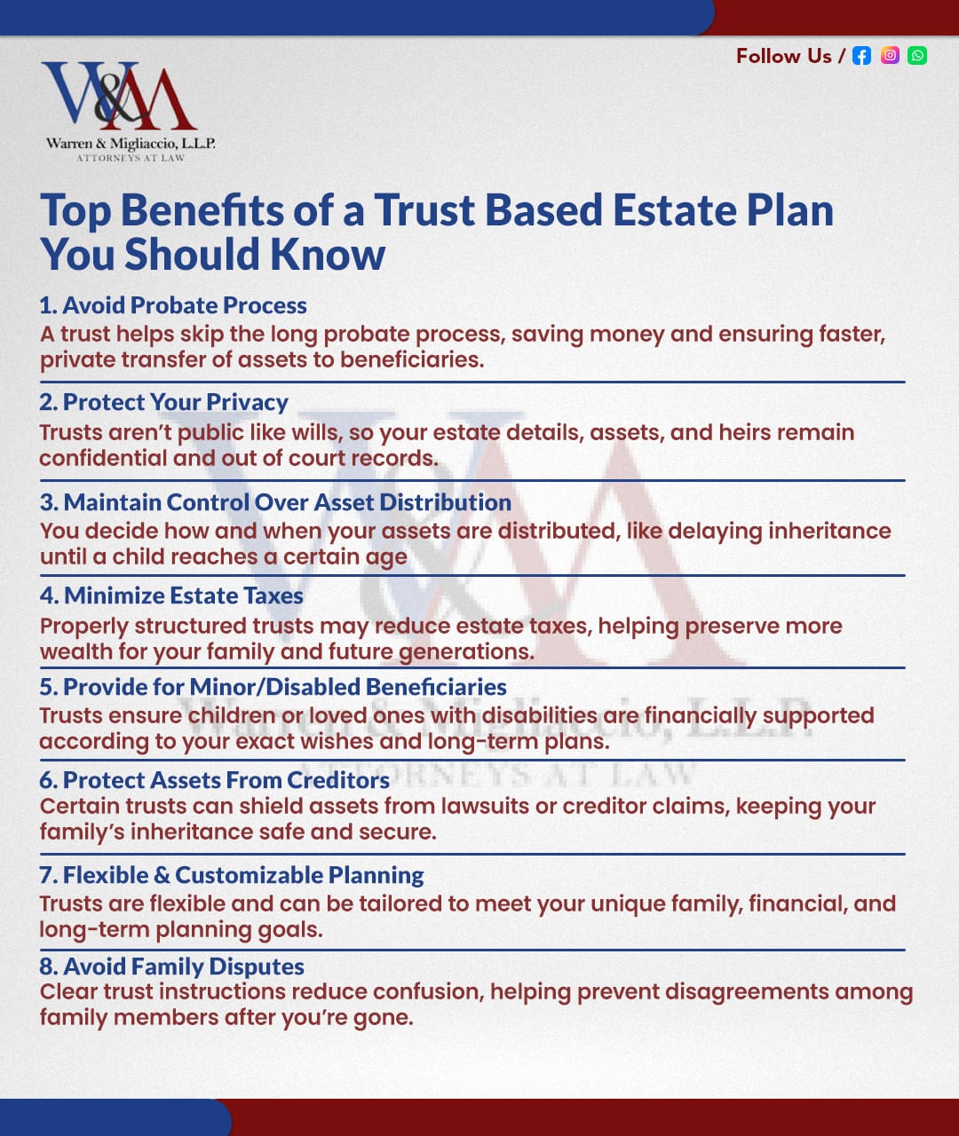 Infographic listing eight key benefits of a trust-based estate plan, including avoiding probate, protecting privacy, controlling asset distribution, reducing taxes, safeguarding assets, and preventing family disputes.