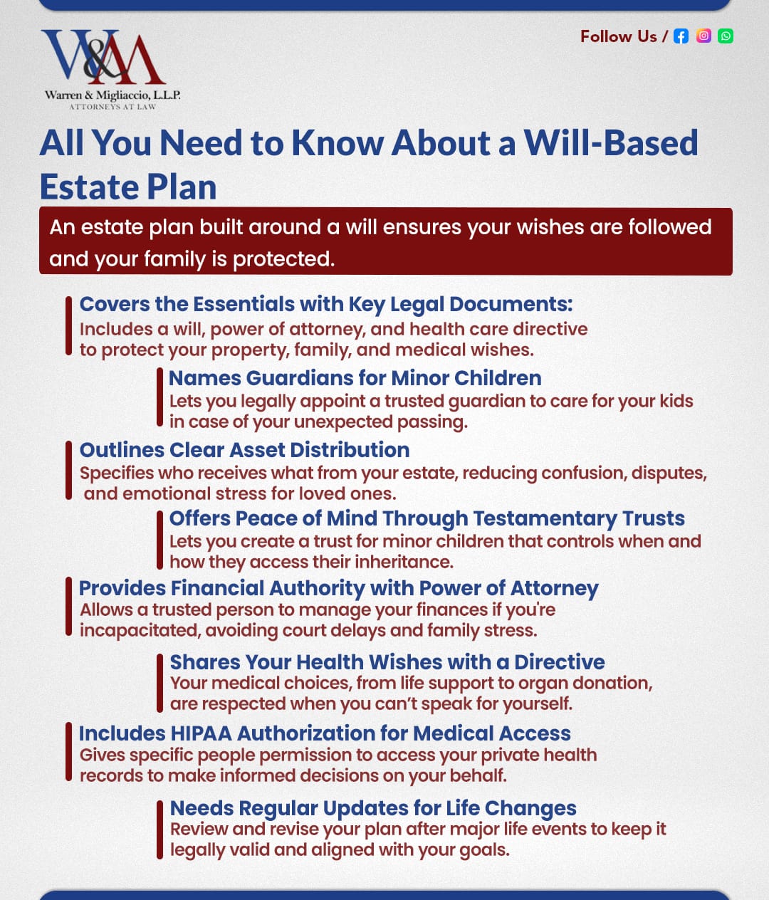 Infographic titled “All You Need to Know About a Will-Based Estate Plan” explaining the key components of a will-based estate plan, including legal documents, guardianship, asset distribution, trusts, POA, health directives, HIPAA authorization, and plan updates. Designed to help individuals understand what’s needed to protect their family and legacy.