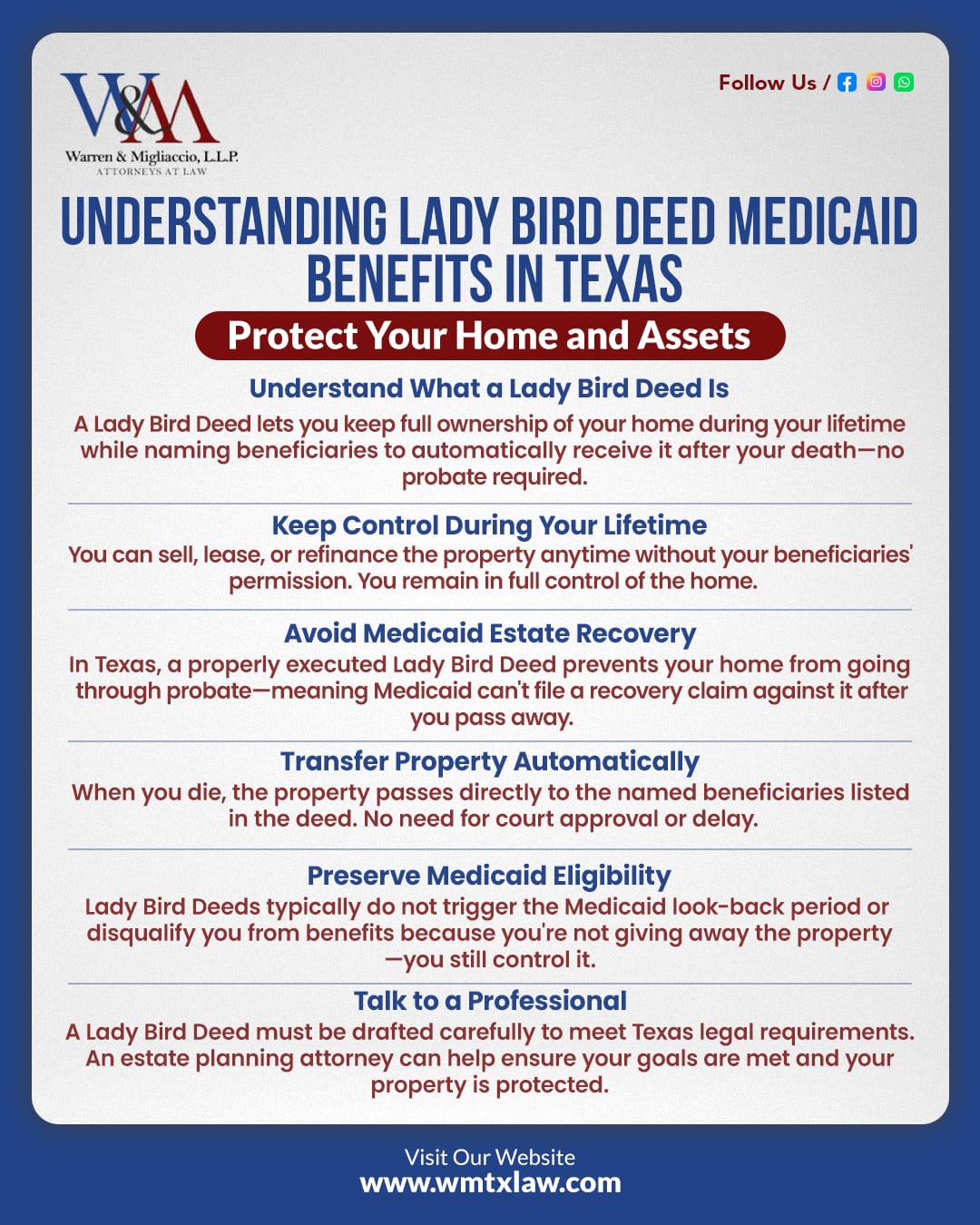 Infographic titled "Understanding Lady Bird Deed Medicaid Benefits in Texas” highlighting key steps to protect your home from Medicaid claims, retain control during your lifetime, and transfer property smoothly to your heirs.Learn how a Lady Bird Deed can protect your home and make estate planning in Texas easier for your family.