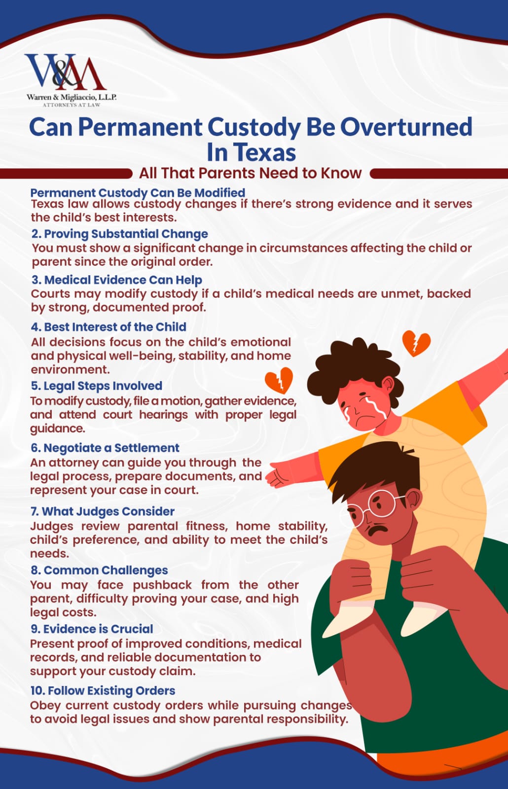 Can Permanent Custody Be Overturned in Texas? This infographic explains the legal grounds and steps for modifying a permanent custody order. It highlights key reasons like substantial change in circumstances, unmet medical needs, and the child’s best interests. It also outlines the legal process, evidence requirements, and the importance of working with a family law attorney for the best outcome.