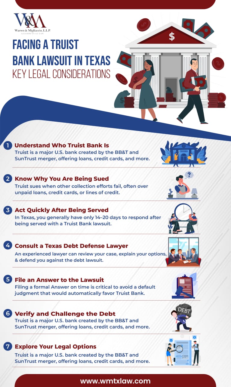 Infographic outlining steps to take if facing a Truist Bank lawsuit in Texas, including understanding the bank, reasons for being sued, legal deadlines, consulting a debt defense lawyer, filing an Answer, verifying the debt, and exploring legal options.