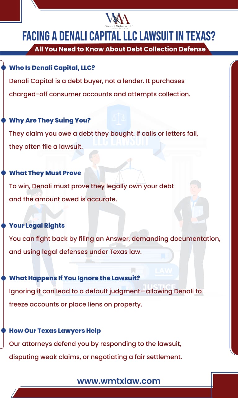 Infographic titled “Denali Capital LLC Lawsuit in Texas: All You Need to Know About Debt Collection Defense” explaining who Denali Capital, LLC is, why it sues consumers, what it must prove in court, and how Texas debt defense lawyers help consumers fight or settle debt lawsuits.
