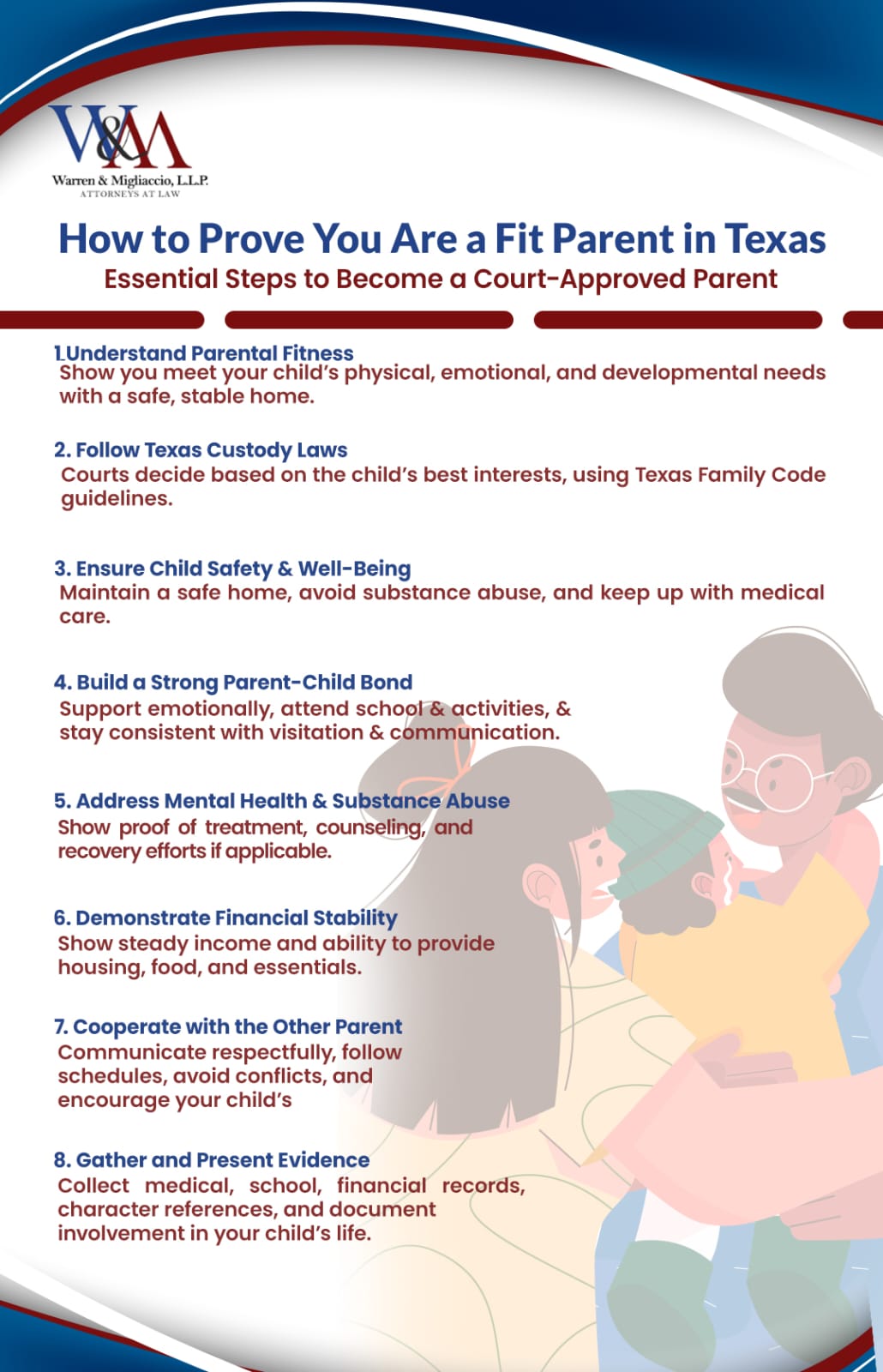 Detailed infographic highlighting 8 essential steps on how to prove you are a fit parent in Texas child custody cases. Covers providing a safe environment, showing emotional support, understanding legal standards, maintaining financial stability, cooperating with the other parent, gathering evidence, addressing concerns, and preparing for court. 