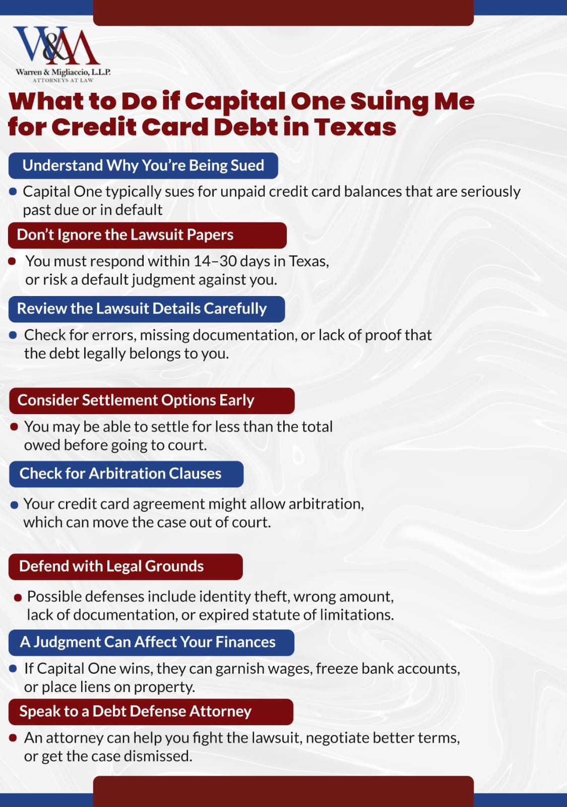 Infographic titled "What to Do if Capital One Suing Me for Credit Card Debt in Texas" outlining key steps including responding to the lawsuit, understanding deadlines, exploring settlement, asserting legal defenses, and seeking attorney guidance.