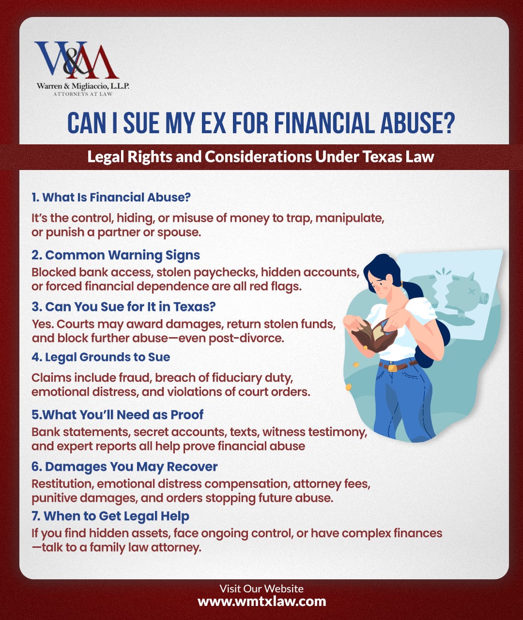 Infographic titled “Can I Sue My Ex for Financial Abuse in Texas?” explaining financial abuse, signs to watch for, legal grounds for suing, what evidence you need, potential damages, and when to seek help.