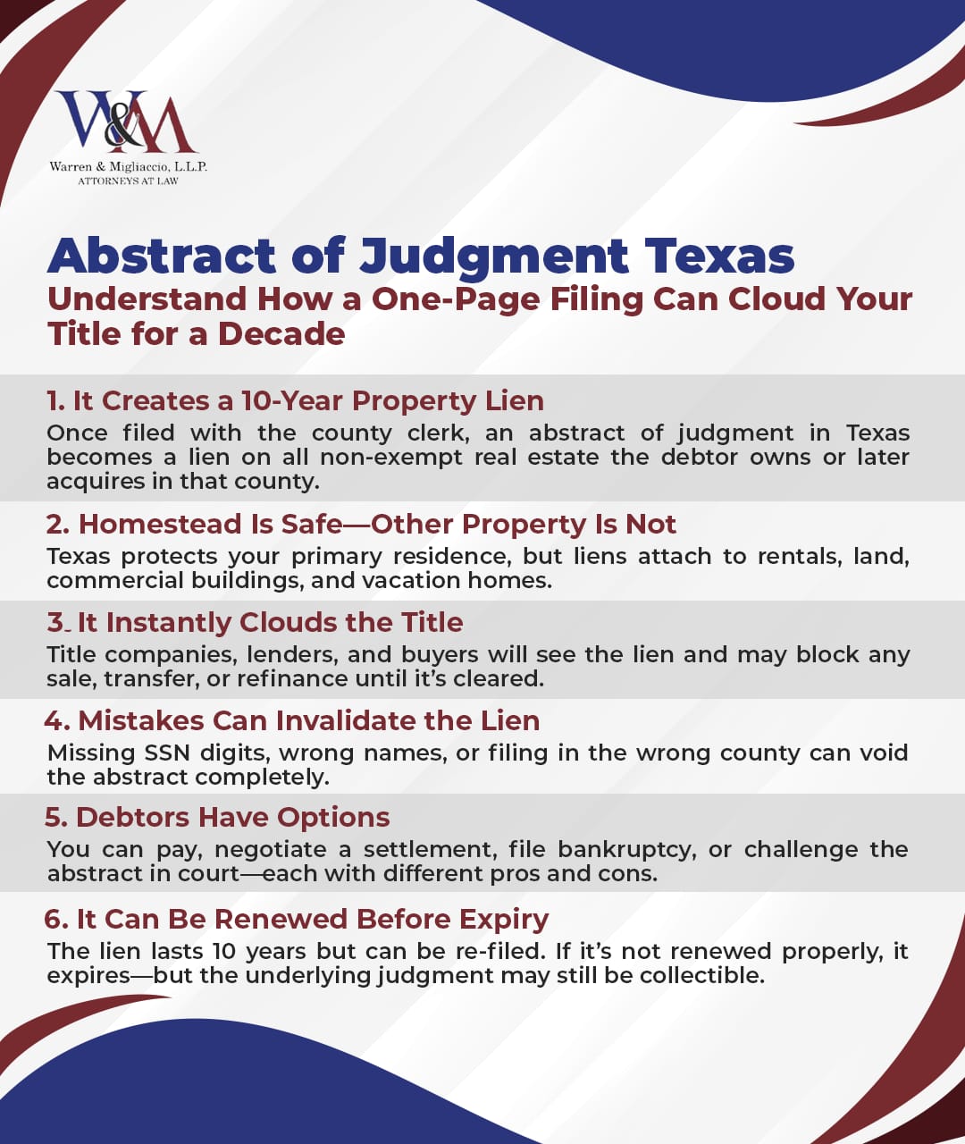 This infographic explains how an abstract of judgment in Texas creates a decade-long lien on non-exempt real estate. It covers lien rules, homestead exemptions, how it affects property title, common legal mistakes, and options available to judgment debtors.