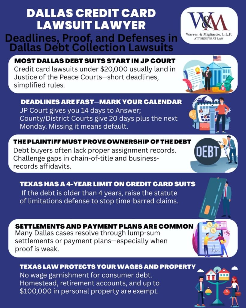 Infographic titled “Dallas Credit Card Lawsuit Lawyer: What Every Texan Needs to Know” explaining how most lawsuits start in Justice Courts, deadlines to respond, proof requirements for debt buyers, 4-year statute of limitations, settlement options, Texas wage/property protections, and appeals process.