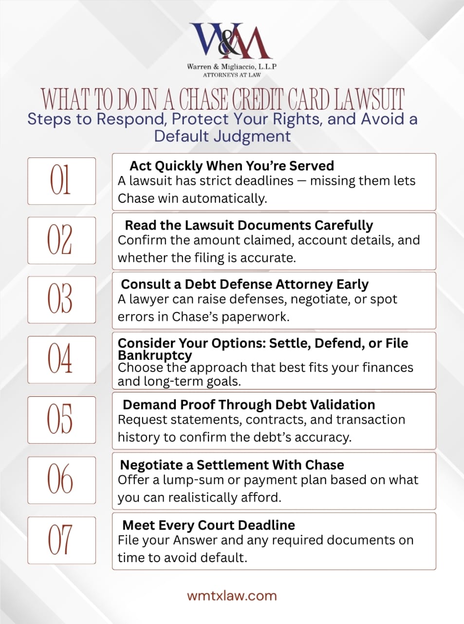  Infographic titled “What to Do in a Chase Credit Card Lawsuit” outlining key steps: responding quickly, reviewing lawsuit papers, getting legal help, weighing settlement or defense, validating the debt, negotiating repayment, meeting court deadlines, and considering mediation.
