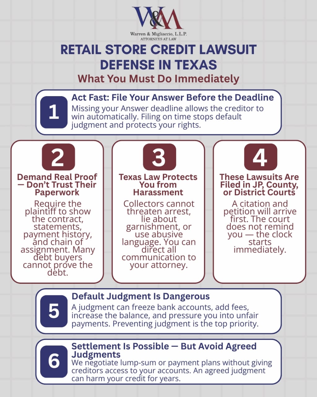  Infographic titled “Retail Store Credit Lawsuit Defense in Texas” explaining how to file an Answer, demand proof, stop harassment, understand court deadlines, avoid default judgment, and use key defenses such as statute of limitations, identity theft, and incorrect balances. Includes tips on settlements, credit impact, and when to consider bankruptcy.
