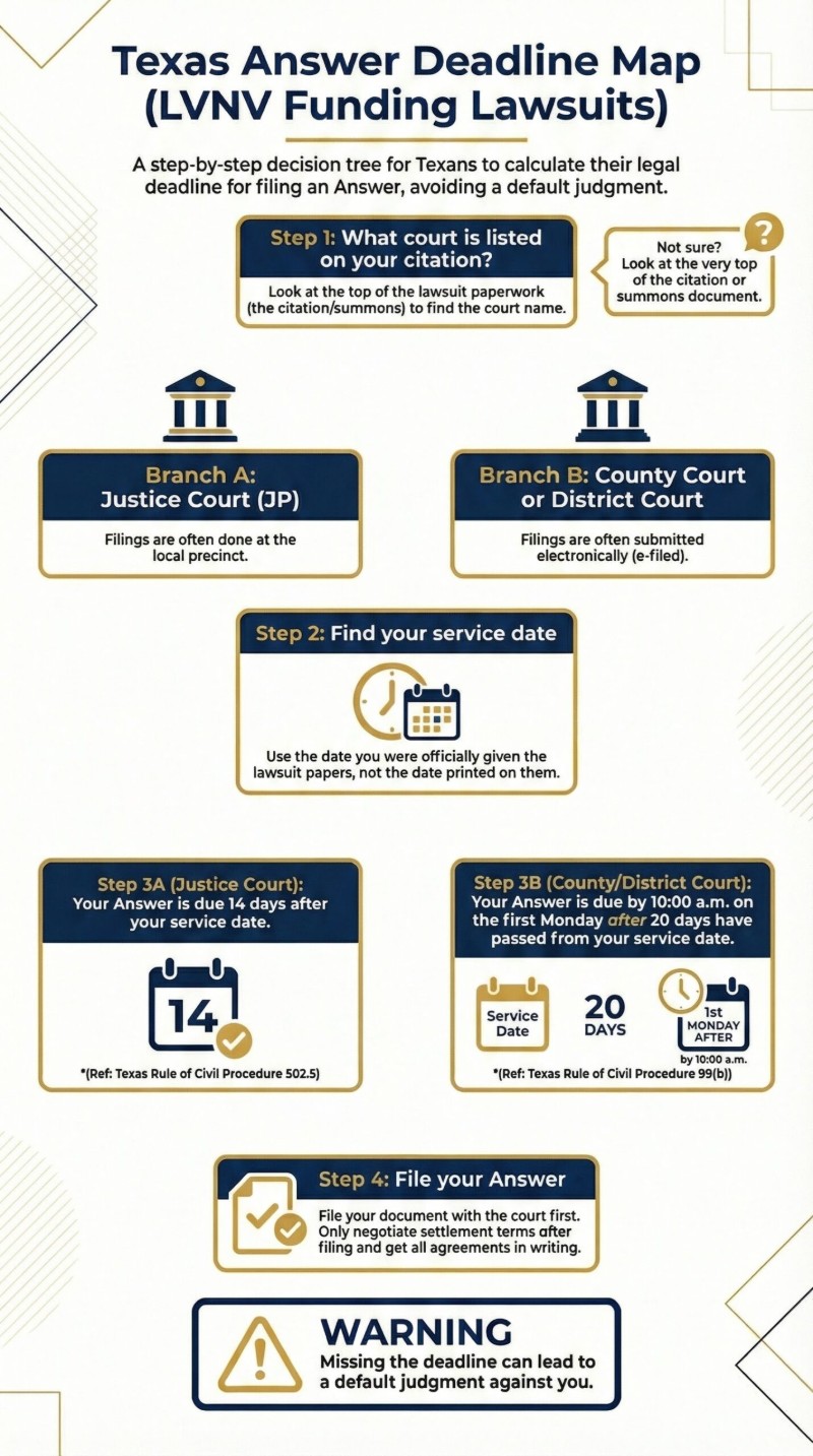 Texas Answer Deadline Map (LVNV Funding Lawsuits) decision tree: Step 1 check what court is listed on your citation (top of the citation or summons). Branch A Justice Court (JP), filings often at the local precinct. Branch B County Court or District Court, filings often submitted electronically (e-filed). Step 2 find your service date (the date you were officially given the lawsuit papers, not the date printed on them). Step 3A JP: Answer due 14 days after service (Texas Rule of Civil Procedure 502.5). Step 3B County/District: Answer due by 10:00 a.m. on the first Monday after 20 days have passed from service (Texas Rule of Civil Procedure 99(b)). Step 4 file your Answer first and negotiate settlement terms only after filing and in writing. Warning: missing the deadline can lead to a default judgment.