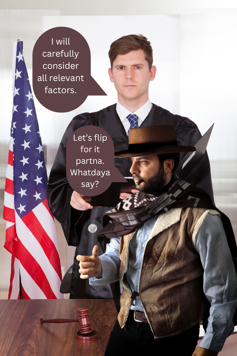 A man with a cowboy hat and a gavel stands in front of an American flag, representing the legal concept of primary custody.