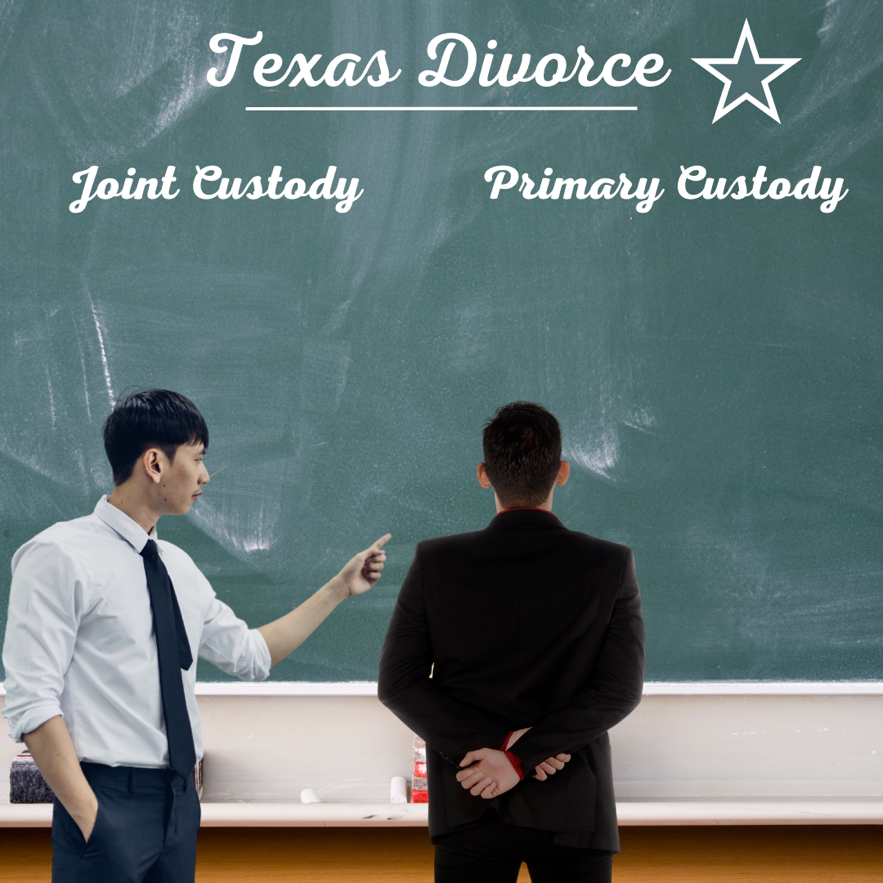 Two men standing in front of a chalkboard discussing Texas divorce, with the words primary custody and joint custody written on it.