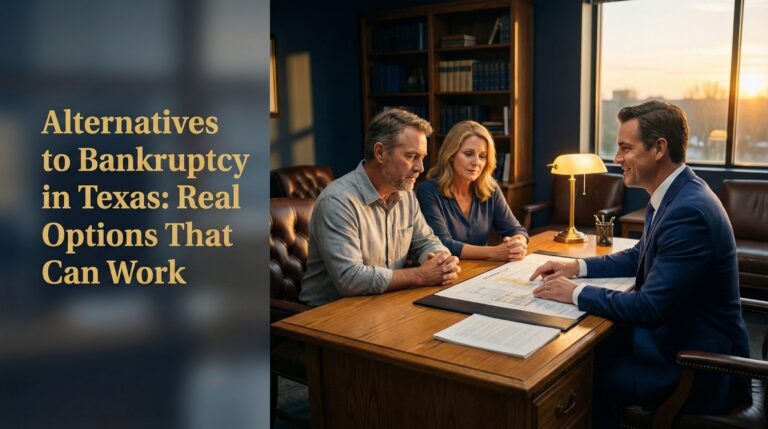 A cinematic photograph of a Texas attorney in a navy suit consulting with a relieved couple over debt options, with gold text overlay on the left reading "Alternatives to Bankruptcy in Texas: Real Options That Can Work".