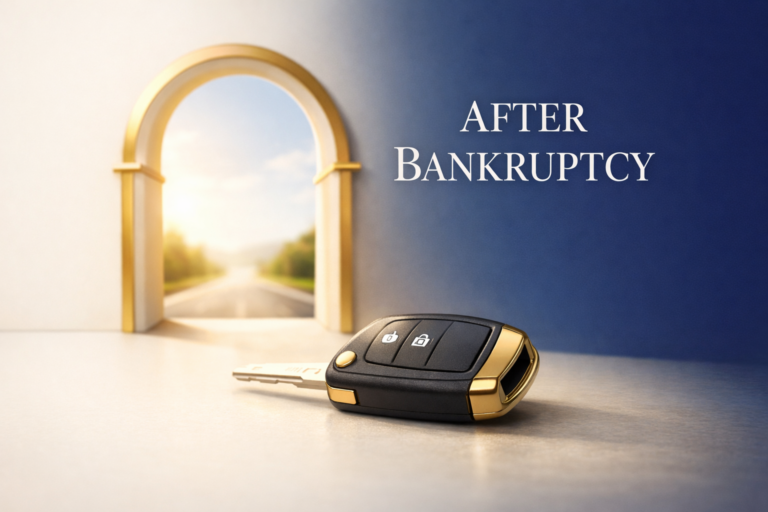 A car key on a surface in front of an arched doorway with a road and sky, alongside the text "After Bankruptcy.