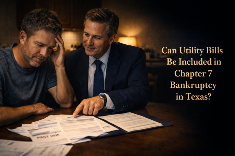 Two men sit at a table reviewing paperwork, with the text "Can Utility Bills Be Included in Chapter 7 Bankruptcy in Texas?" displayed beside them.