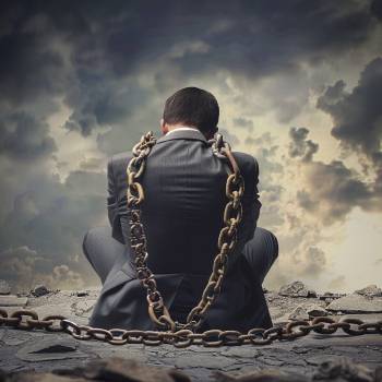 business man with chains around him going through chapter 11 bankruptcy