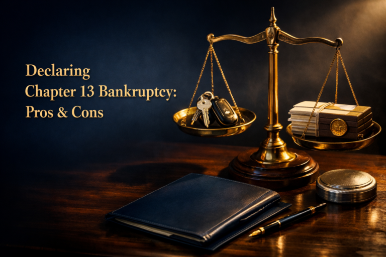 A brass balance scale holds car keys and a house key on one side, and a stack of cash on the other, alongside a notebook and pen on a desk; text reads “Declaring Chapter 13 Bankruptcy: Pros & Cons.”.