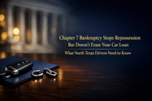 A car key and folder rest on a wooden desk with text explaining that Chapter 7 bankruptcy stops repossession but doesn't erase car loans, aimed at North Texas drivers.