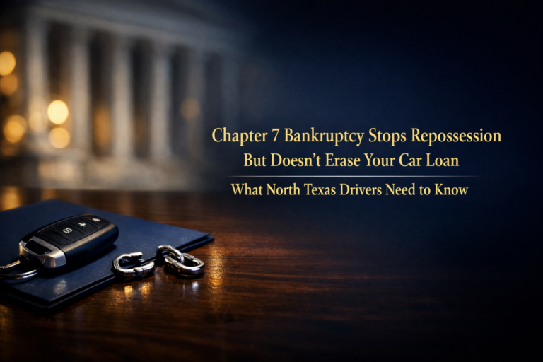A car key and folder rest on a wooden desk with text explaining that Chapter 7 bankruptcy stops repossession but doesn't erase car loans, aimed at North Texas drivers.