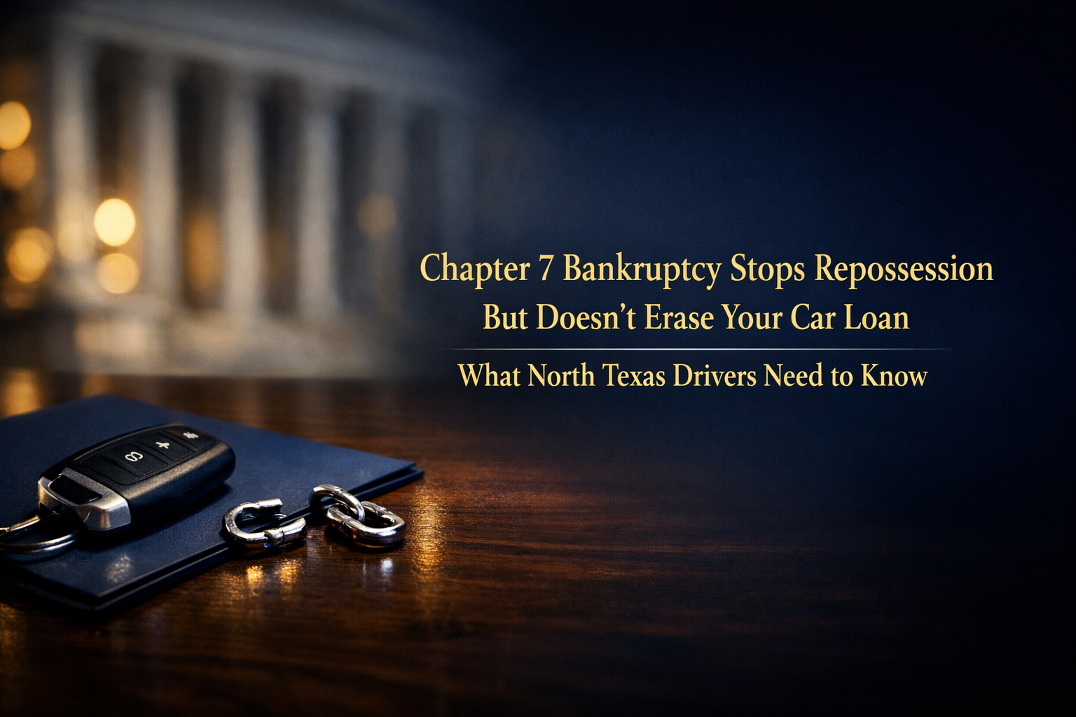 A car key and folder rest on a wooden desk with text explaining that Chapter 7 bankruptcy stops repossession but doesn't erase car loans, aimed at North Texas drivers.