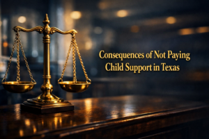 Dramatic balance scale on a dark wooden desk with a blurred Texas courthouse-style background