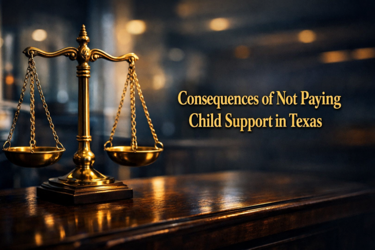 Dramatic balance scale on a dark wooden desk with a blurred Texas courthouse-style background