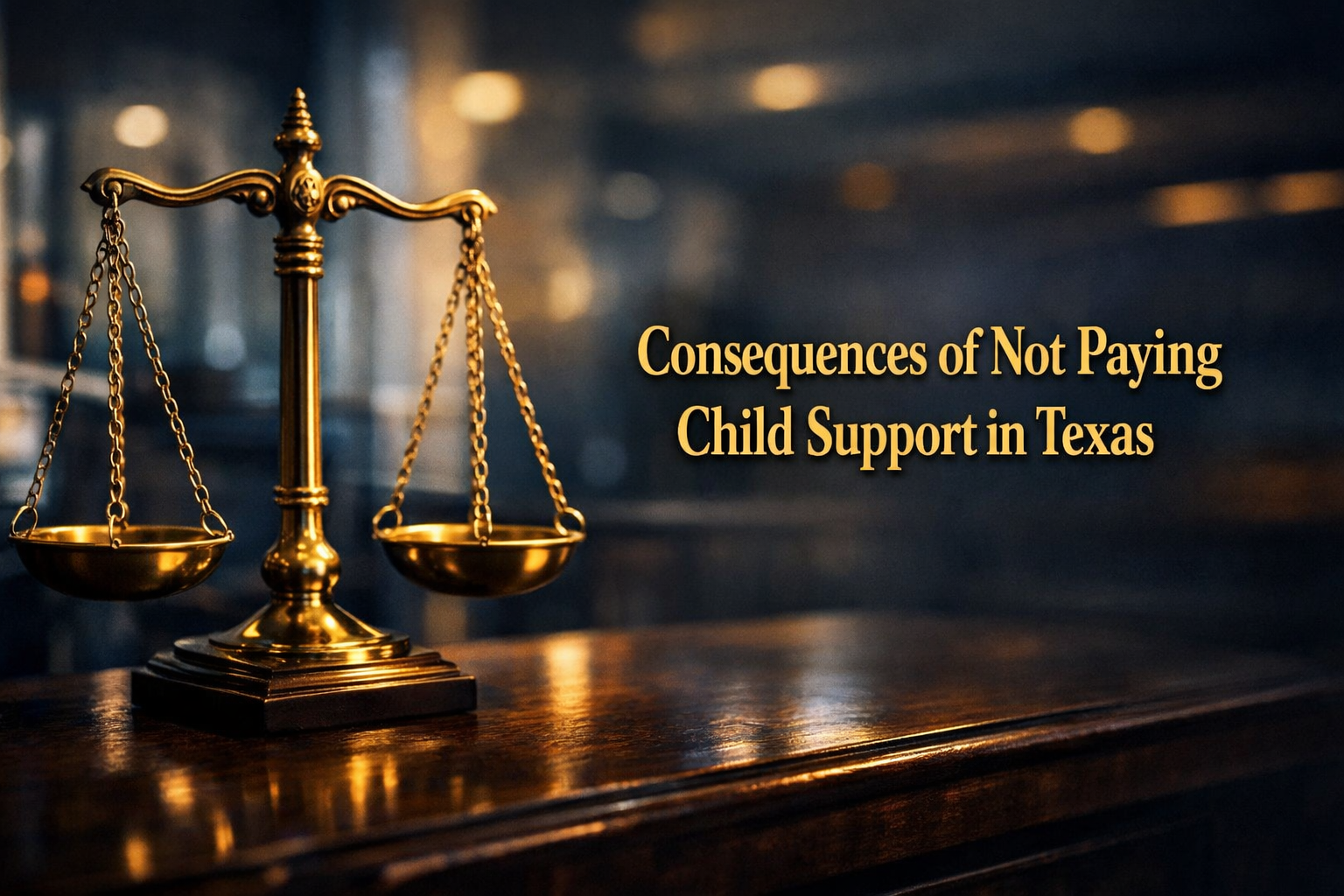 Dramatic balance scale on a dark wooden desk with a blurred Texas courthouse-style background