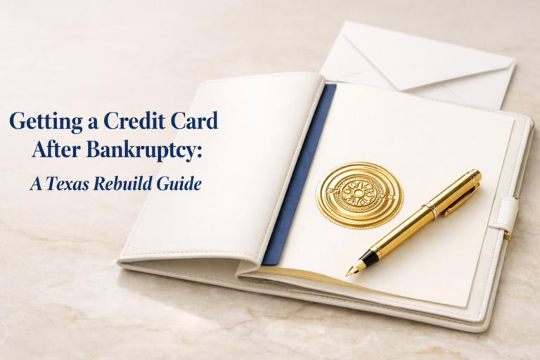 Open notebook with a gold pen and embossed seal beside an envelope; text reads "Getting a Credit Card After Bankruptcy: A Texas Rebuild Guide.