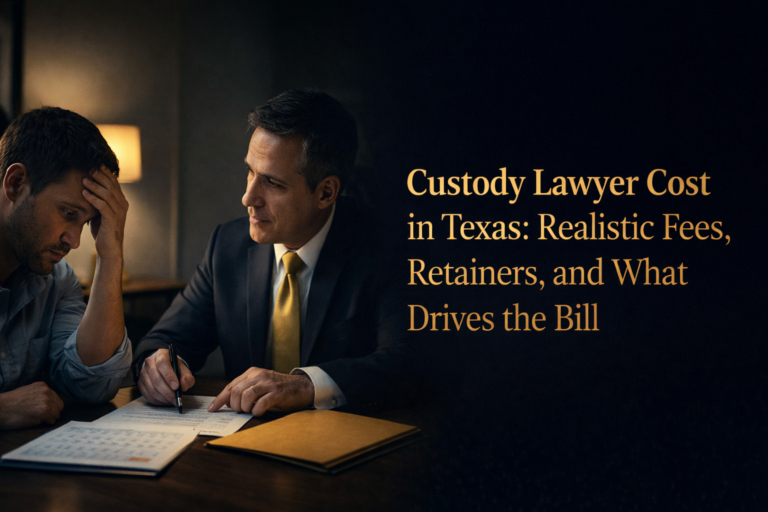 Two men sit at a table reviewing documents; one looks stressed while the other, in a suit, explains paperwork. Text reads: “Custody Lawyer Cost in Texas: Realistic Fees, Retainers, and What Drives the Bill.”.