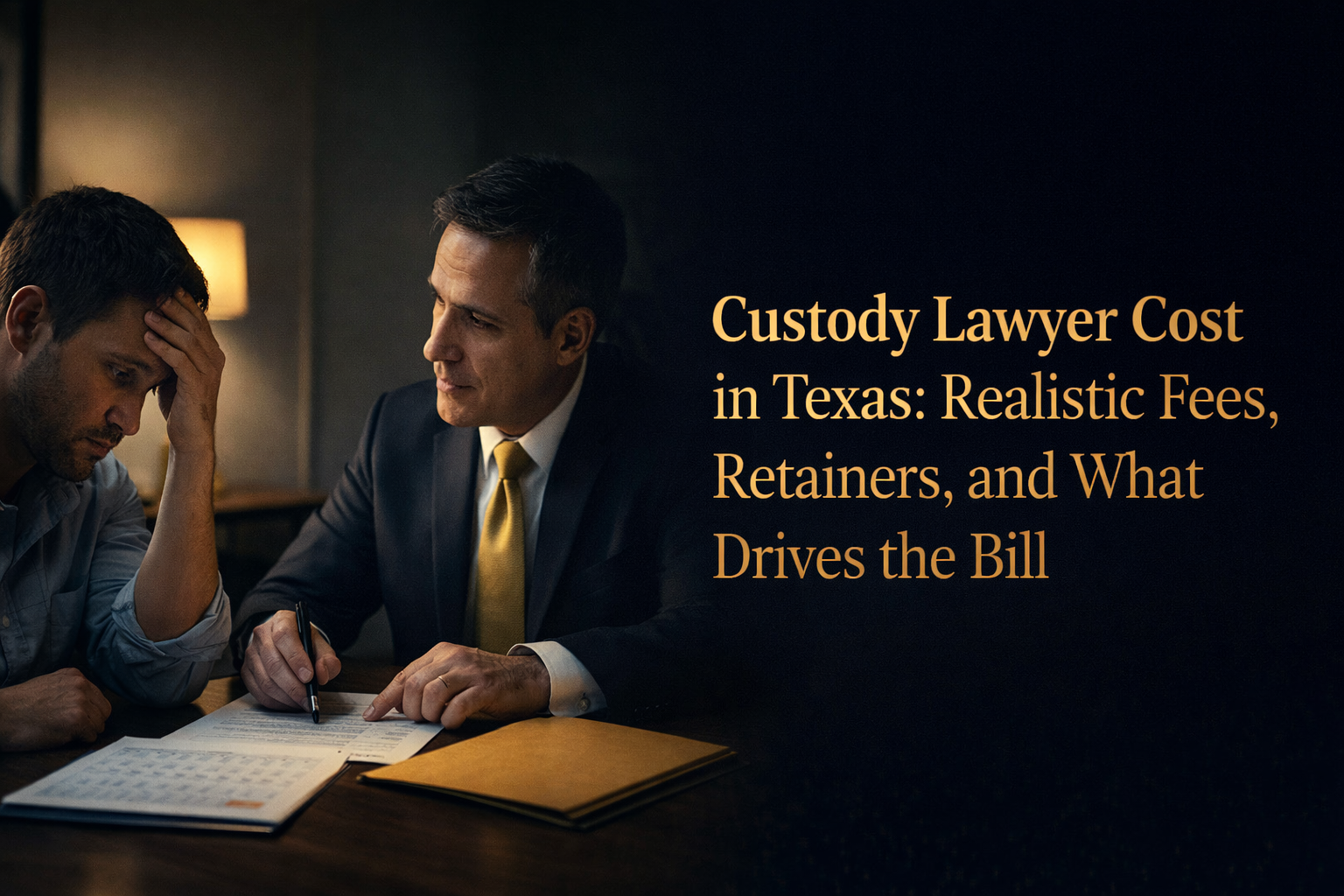 Two men sit at a table reviewing documents; one looks stressed while the other, in a suit, explains paperwork. Text reads: “Custody Lawyer Cost in Texas: Realistic Fees, Retainers, and What Drives the Bill.”.