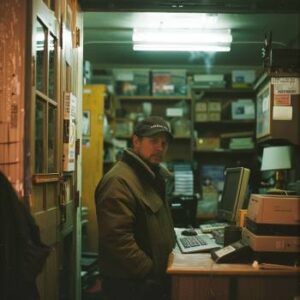 Photo of a debt collector in a sketchy room.