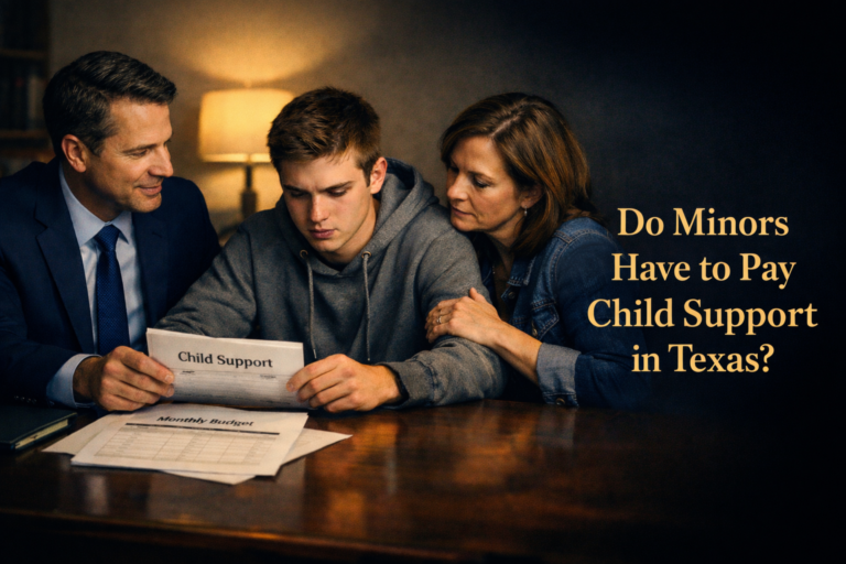 A young man sits between two adults, looking at a child support document; the text beside them reads, "Do Minors Have to Pay Child Support in Texas?.