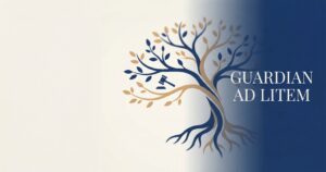 Illustration of a tree with gold and navy branches, a gavel on one branch, and the text "GUARDIAN AD LITEM" on a blue gradient background.